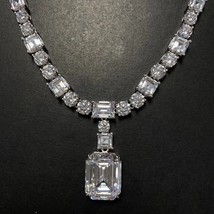 Women&#39;s 25Ct Emerald Cut Simulated Diamond Tennis Necklace 14K White Gold Plated - £237.40 GBP
