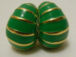 Nina Ricci Vintage Gold Tone &amp; Green Enamel Earrings Half Hoop Pierced - £31.81 GBP