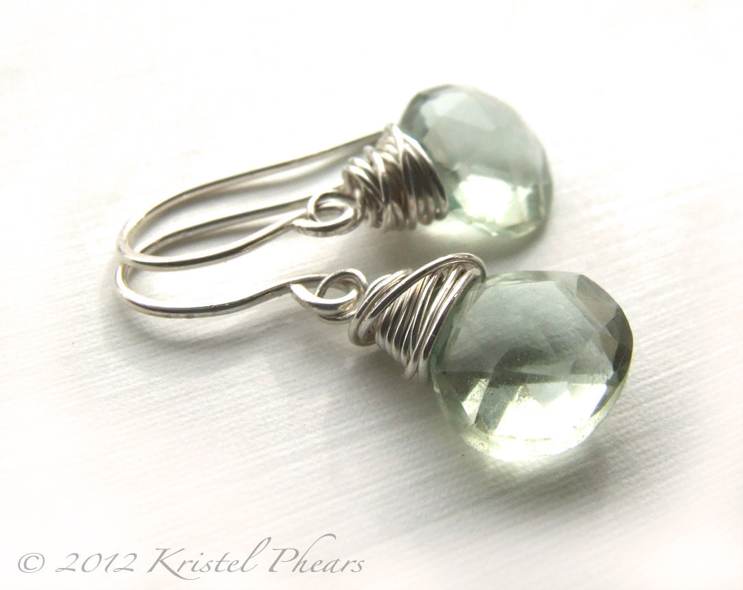 Green Amethyst drop earrings - silver prasiolite dangle sterling mint aqua green - $27.00