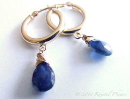 Sapphire Earrings Solid 14k Gold hoops, natural genuine gemstone Septemb... - $210.00
