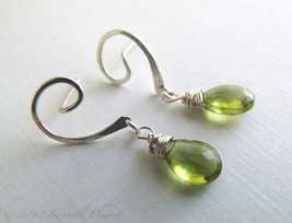 Peridot Earrings - silver or gold August birthstone swirl post dangle drop apple - £37.13 GBP