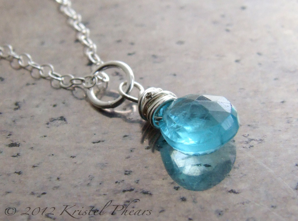 Natural Apatite Necklace - large paraiba blue gemstone in sterling or gold-fill - $36.00