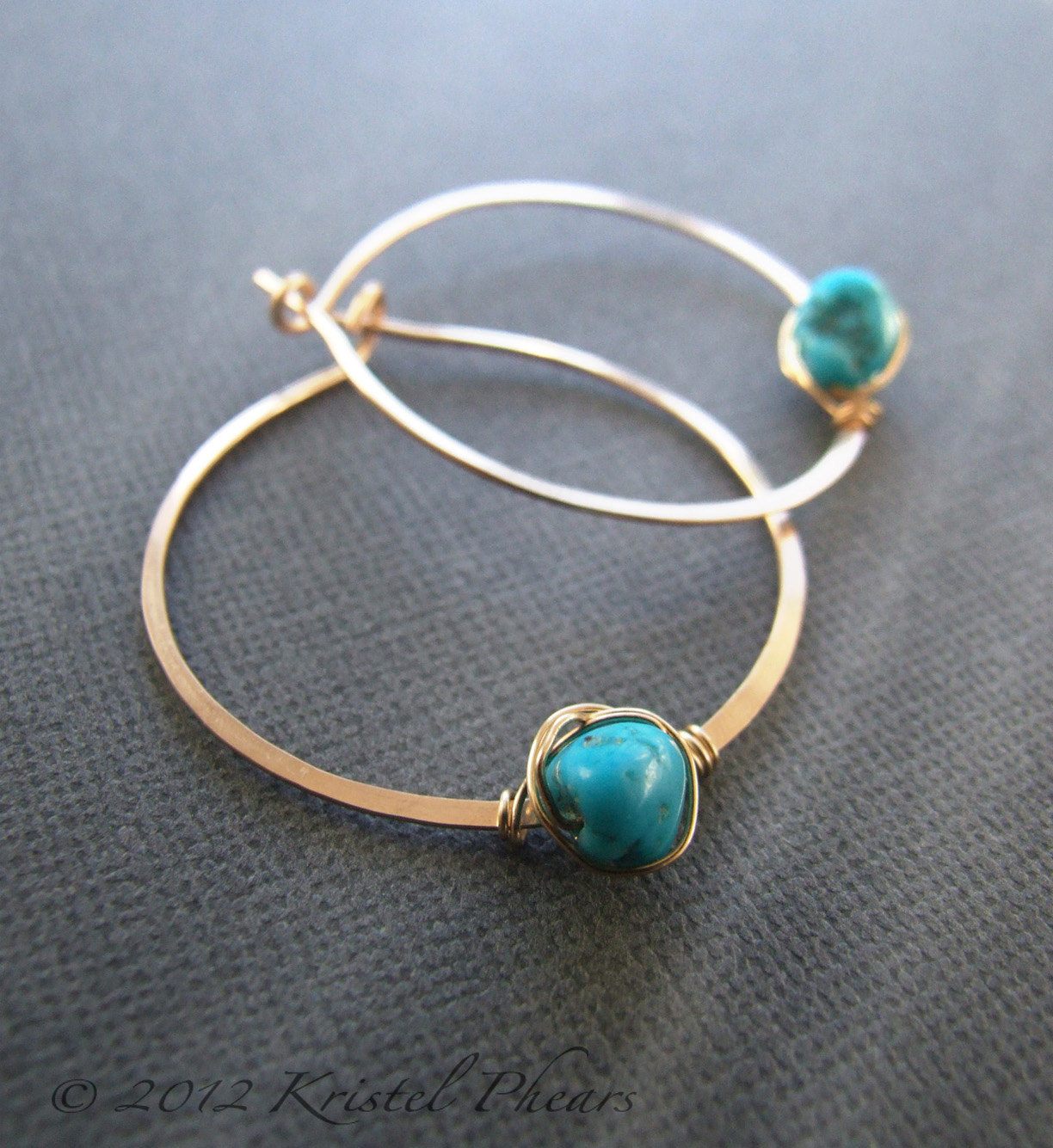 Turquoise earrings - genuine Arizona turquoise hoop earrings gold silver 1.5" - $40.00
