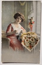 RPPC Pretty Edwardian Woman With Letter At Table Vase Of Flowers Postcard M29 - £4.46 GBP