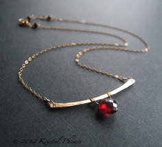 Garnet necklace, Statement Hammered Gold Bar - 14k gold-filled red original jewe - £49.71 GBP