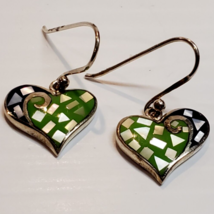 All Solid Sterling 925 Silver Heart Earrings Green Black Enamel Mosaic Mop 5.1gr - £17.27 GBP