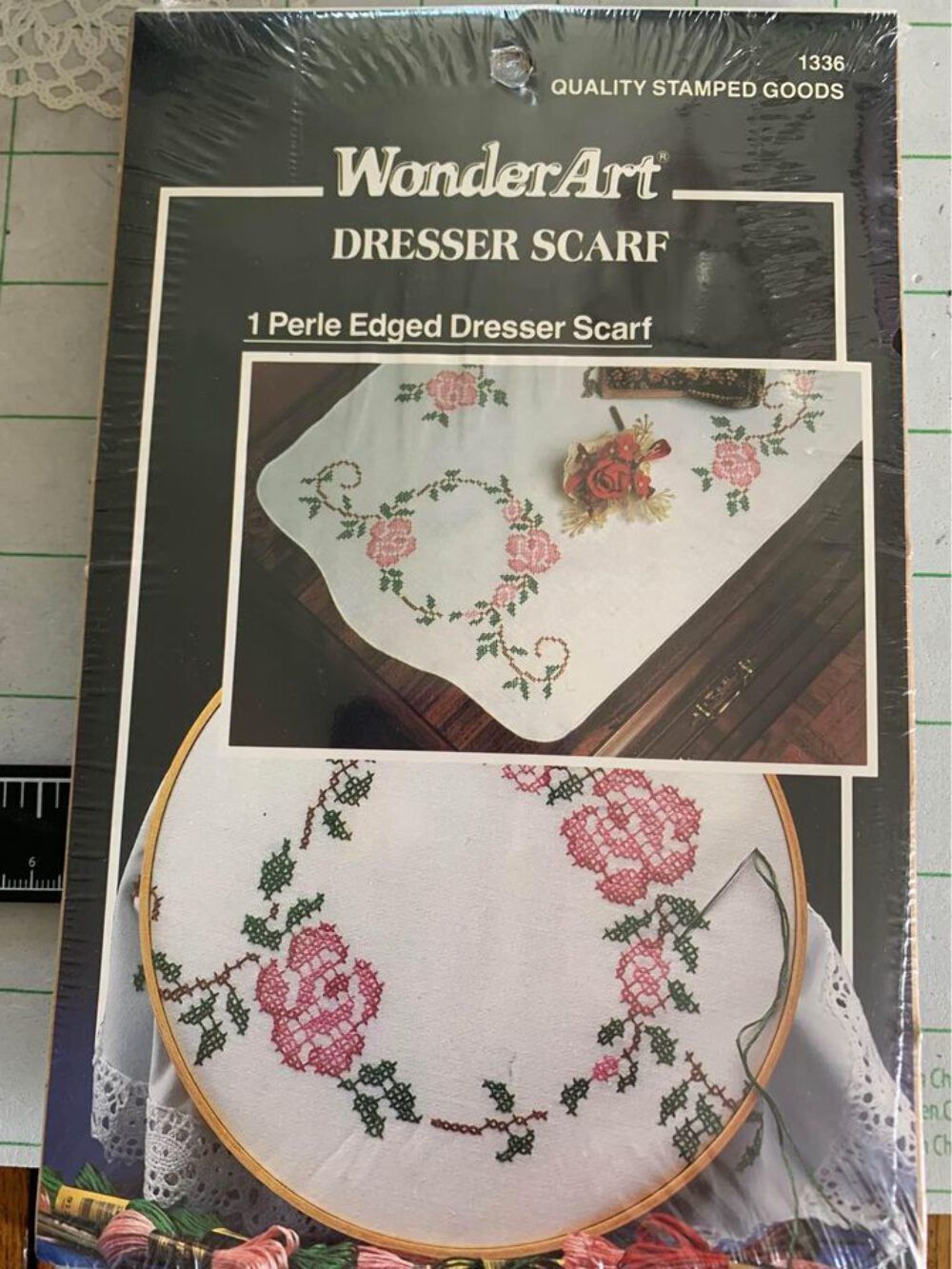 WonderArt Rose Circle Cross Stitch Stamped Dresser Scarf - $12.67