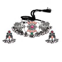 Silver Oxidised Brass Choker Necklace Set Peacock Design Jewellery - £30.36 GBP