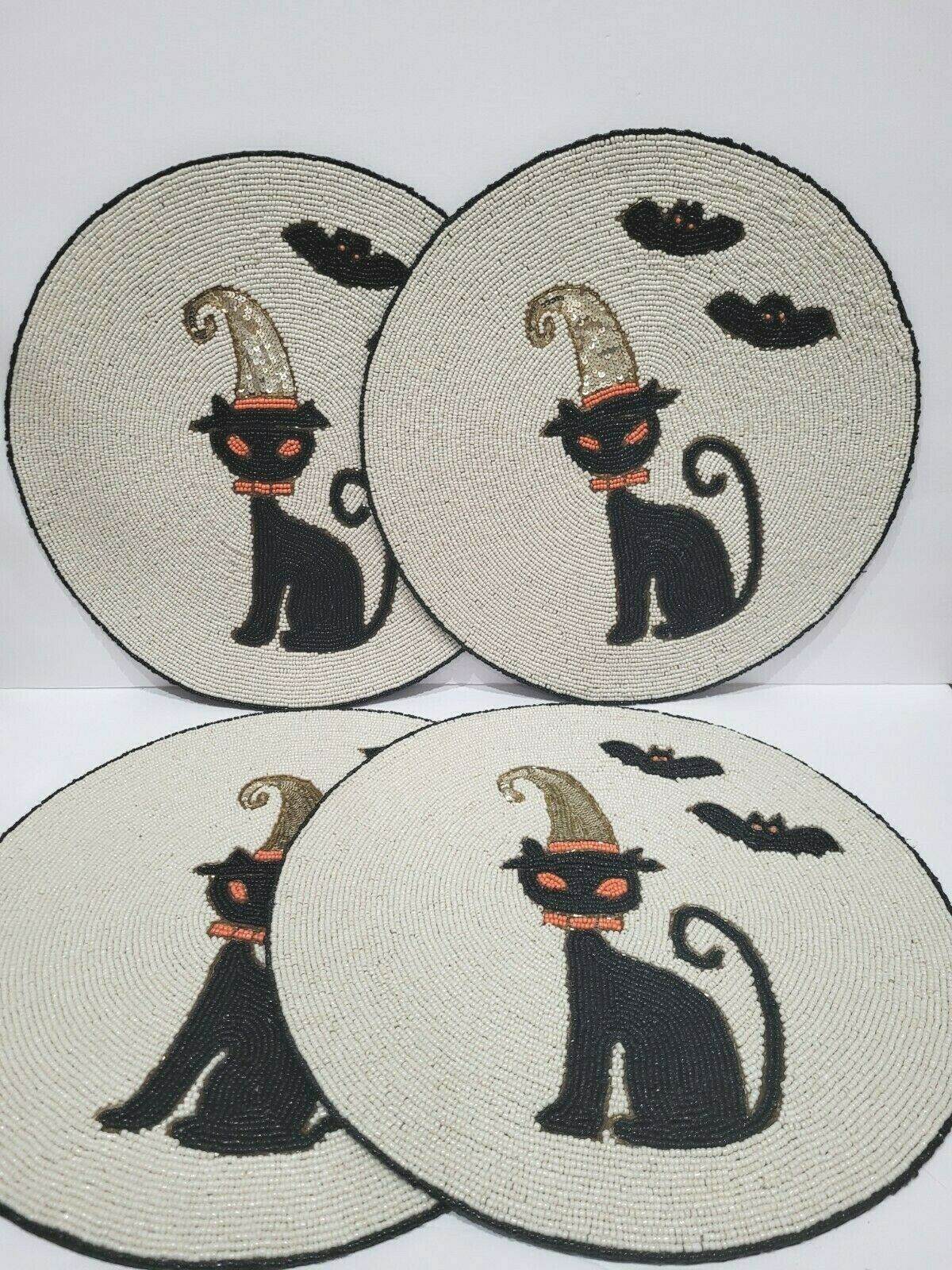 Cynthia Rowley Curious Halloween Black Cat Beaded Placemats Chargers 15" - $128.99