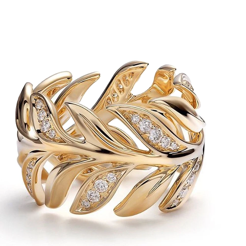 Huitan New Trendy Gold Color Leaves Band Women Rings Inlaid CZ lic Versatile Gir - $33.87