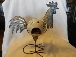 Hand Made Metal &amp; Ceramic Rooster Tea Light Candle Holder Silver and White - £55.95 GBP