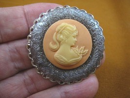 (CS23-72) PONYTAIL Lady peach + ivory round CAMEO flower scrolled silver Pin - £22.78 GBP