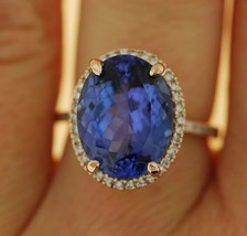 14k Rose Gold 4CT Blue Tanzanite Oval Cut halo engagement wedding ring - £949.26 GBP