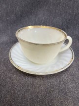Set Of 6 Vintage Fire King Oven Ware Cups &amp; Saucers Swirl Milk Glass Gol... - $16.83