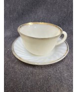 Set Of 6 Vintage Fire King Oven Ware Cups &amp; Saucers Swirl Milk Glass Gol... - $16.83