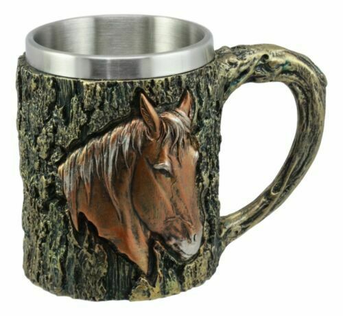 Ebros Bronzed Wildlife Chestnut Horse Coffee Mug W/Rustic Tree Bark Texture 12oz