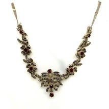 Vtg Sign Sterling Art Deco Garnet and Marcasite Floral Double Chain Necklace 22 - £120.03 GBP