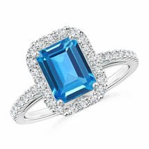 ANGARA Emerald-Cut Swiss Blue Topaz Halo Ring for Women, Girls in 14K Solid Gold - £1,213.01 GBP
