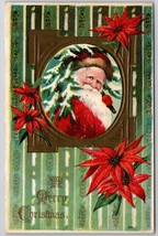Christmas Greeting Santa in Golden Frame with Poinsettias Postcard J22 - £5.42 GBP