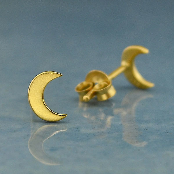 Gold Earrings - Moon Post Earrings with 24K Gold Plate 7x5mm - $42.76