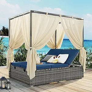 Merax Outdoor Patio Wicker Sun Bed with Canopy, Overhead Curtains, Cushi... - $1,019.99