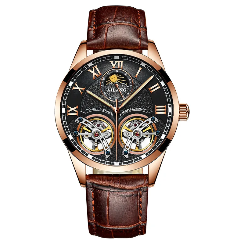 Watch AILANG Fashion Double Tourbillon Mechanical Watch Men  Rose  Case Leather  - £97.58 GBP