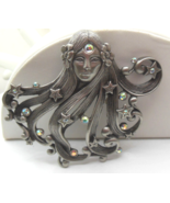 Vintage JJ Silver Brooch Woman Head/Hair W/Aurora Borealis Rhinestones & Stars - $35.41 CAD