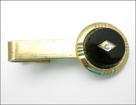 TIE CLASP Vintage Round BLACK GLASS with Clear RHINESTONE Inset MEN&#39;S Go... - $12.86
