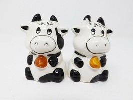 Ceramic Black &amp; White Cows w/ Gold Bells Salt &amp; Pepper Shakers - £13.80 GBP