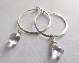 Amethyst earrings Silver Hoops - Pink Amethyst sterling hoop earring blush  3/4" - £18.38 GBP