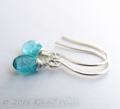Apatite Earrings - silver dangle drop petite paraiba aqua swiss blue nat... - $36.00