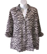 Tahari Shirt Womens Medium Brown White Zebra Print Linen Tunic Wild Bold - £22.15 GBP