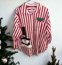 A New Day Striped Long Sleeve Button-Down Shirt Sz XXL Christmas Snowman Red Wht - £23.35 GBP