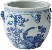 Planter Vase Magnolia Pheasant Jar Lion Handle Blue White Porcelain - £632.64 GBP