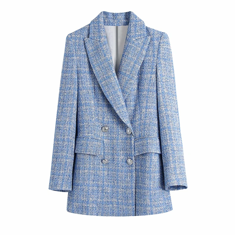 2021 Women&#39;s Vintage Plaid Double Breasted Tweed Blazers Coat Women Elegant Offi - £188.14 GBP