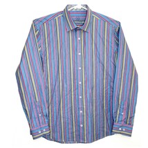 Bugatchi Uomo Shaped Fit Blue w/ Multicolor Stripes Rainbow Flip Cuff Shirt XXL - £35.05 GBP