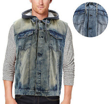 Men&#39;s Faded Wash Cotton Blend Button Up Drawstring Hood Denim Jean Vest - $41.95