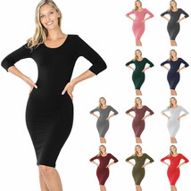 Women&#39;s Cotton 3/4 Sleeve Bodycon Fitted Knee Length Midi Dress - £12.34 GBP+