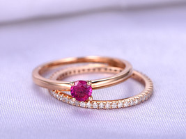 Wedding Ring Set,Round Cut Red Ruby 14K Rose Gold Finish Silver 925 - $74.79