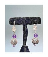 925 STERLING SILVER &amp; AMETHYST HANGING BALLS 2&#39;&#39; LONG DROP EARRINGS SKY - $50.19