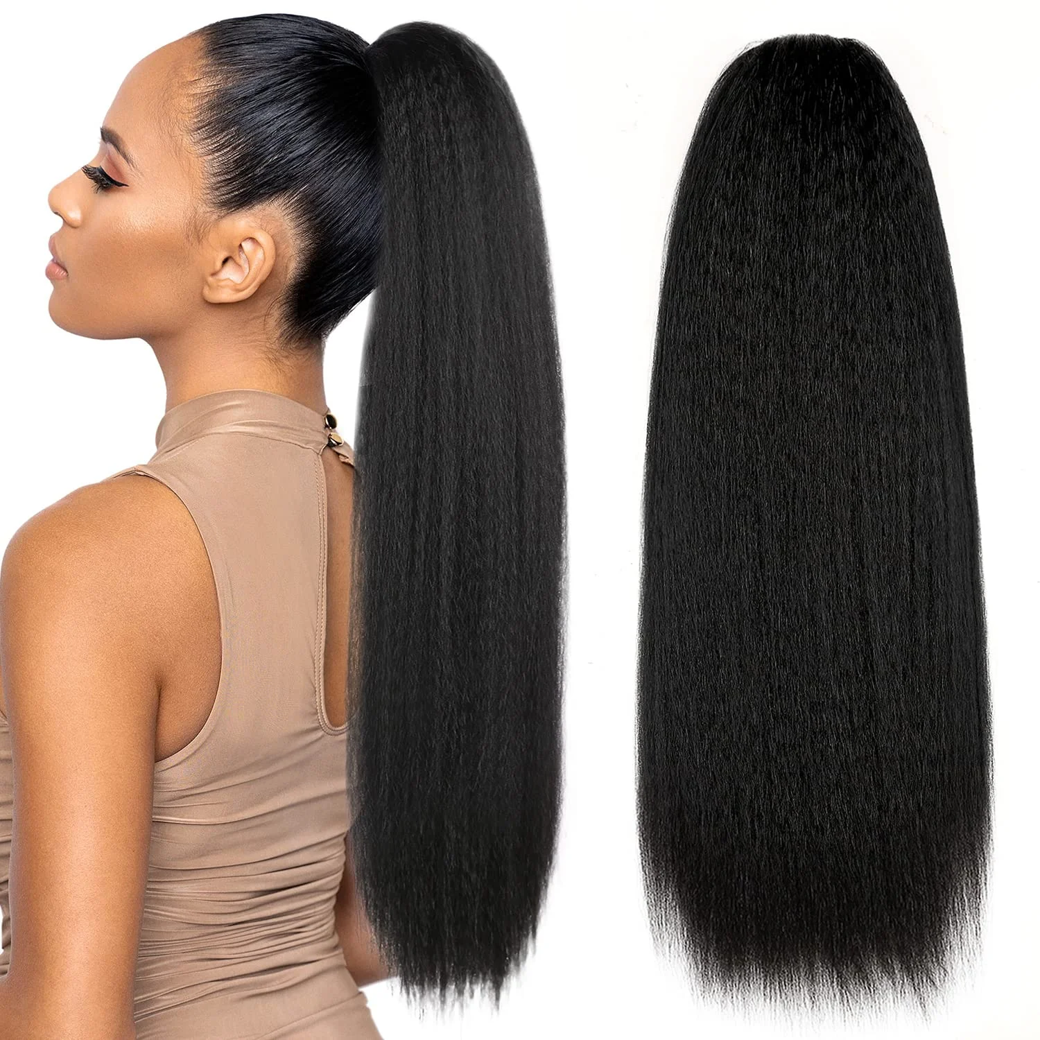 28Inch Yaki Long Straight Ponytail Afro Kinky Yaki Straight Ponytail Synthetic - £14.94 GBP