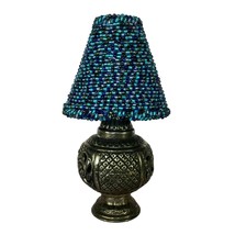 Vintage Victorian Rococo Metal Candle Lamp Glass Votive Blue Beaded Shade - $59.95