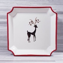 Christmas Holiday Reindeer 7&quot; x 7&quot; Stoneware Square Plate Beige Red - £13.42 GBP