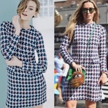 BODEN Gray Navy Red Sixties Houndstooth Jackie O Shift Dress Size 6 Office - $43.54
