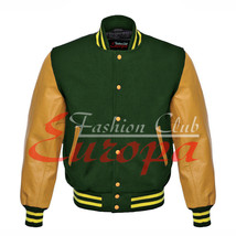 Original American Varsity Real Leather Letterman College Green Wool Jacket - £69.29 GBP