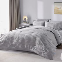 Full Bed In A Bag Light Grey Seersucker Textured Comforter Set With Sheets 7-Pie - £78.68 GBP