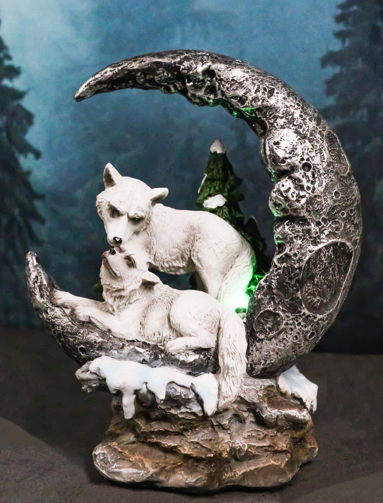 Winter White Wolf Couple In Snow Pine Trees Scene With LED Crescent Moon... - $29.99