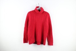 Vtg Lands End Womens PL Wool Blend Chunky Knit Fisherman Turtleneck Sweater Red - £54.49 GBP