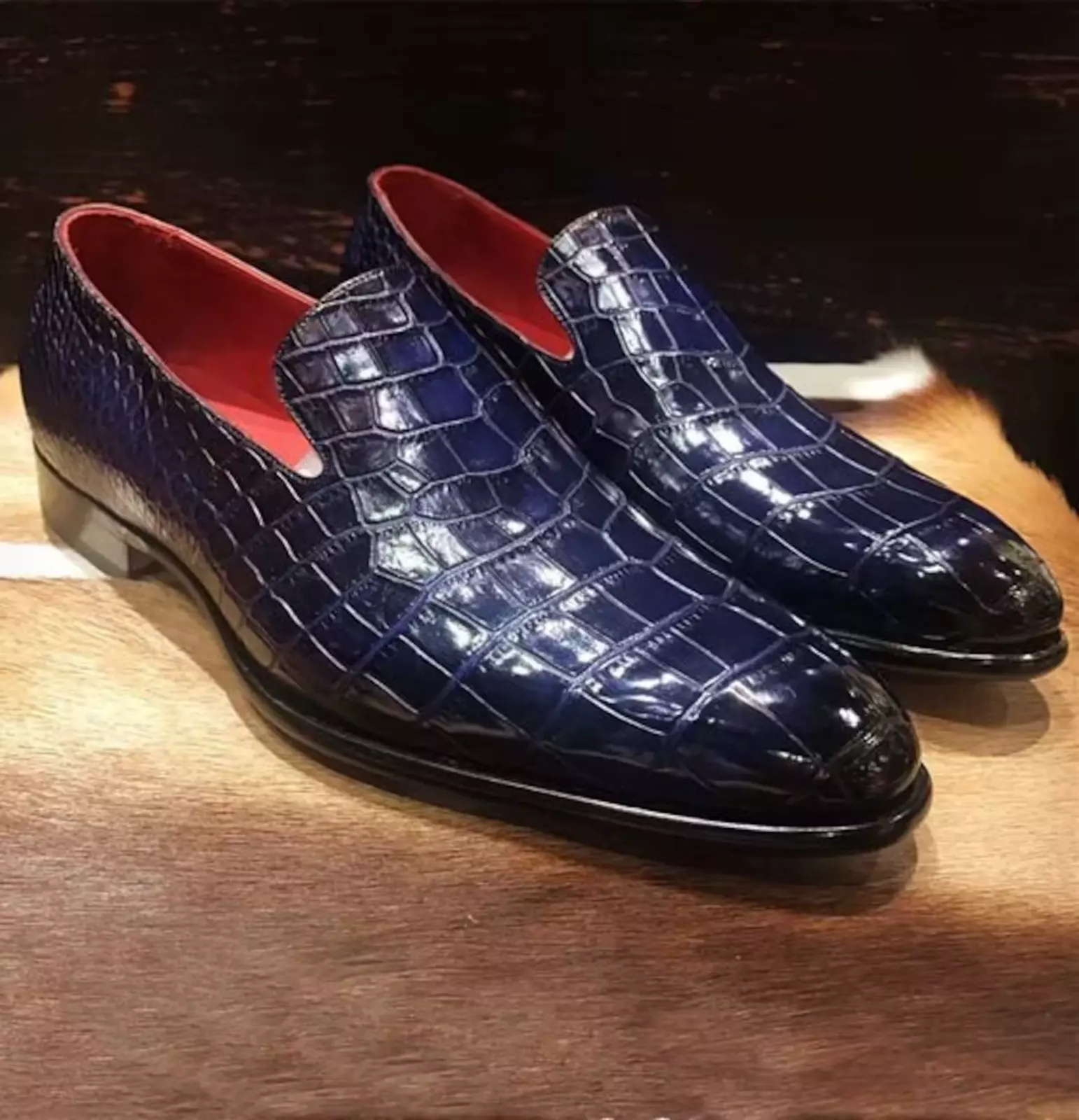 New men blue crocodile textured leather handmade moccasin dress shoes, c... - $149.99