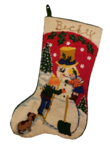 Vtg Christmas Stocking Needlepoint Handmade Wool Snowman Children Dog 60s USA - £60.45 GBP